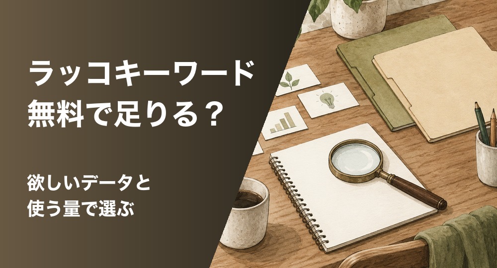 検索語を調べる作業を表した机とノートのイラスト。ラッコキーワード、無料で足りる？
